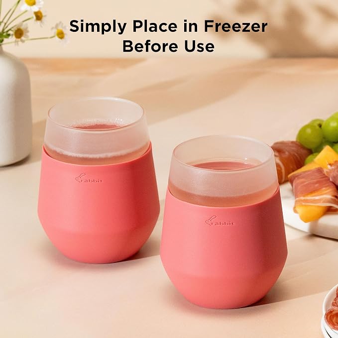 Rabbit Wine Freezable Glasses Chillable Stemless Wine Glasses, Freeze to Keep Wine Cold Longer, No Dilution, Set of 2, Rose