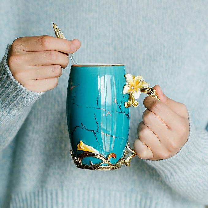 BTaT- Floral Ceramic Mugs with Spoon, Set of 2, Pink and Blue, Fancy Coffee Mugs with Spoon