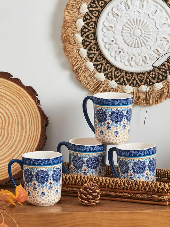 Bico Blue Talavera Ceramic Coffee Mugs Set of 4, 16 oz Large Tea Cups with Handle, Aesthetic Latte Mugs for Cappuccino Cocoa, Lead-Free, Dishwasher and Microwave Safe, Housewarming Gift