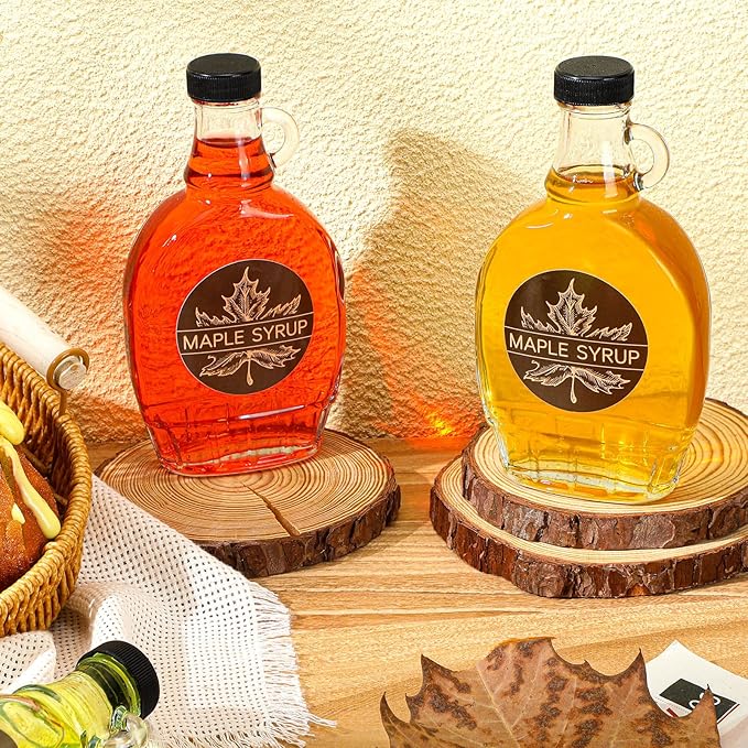 FoldTier 12 Pcs 12 oz Glass Maple Syrup Bottles Clear Reusable Glass Bottles with Lids Loop Handle and Maple Syrup Stickers Jars Container for Milk Potion Juice Sauce Oil Storage Gift(Stylish)