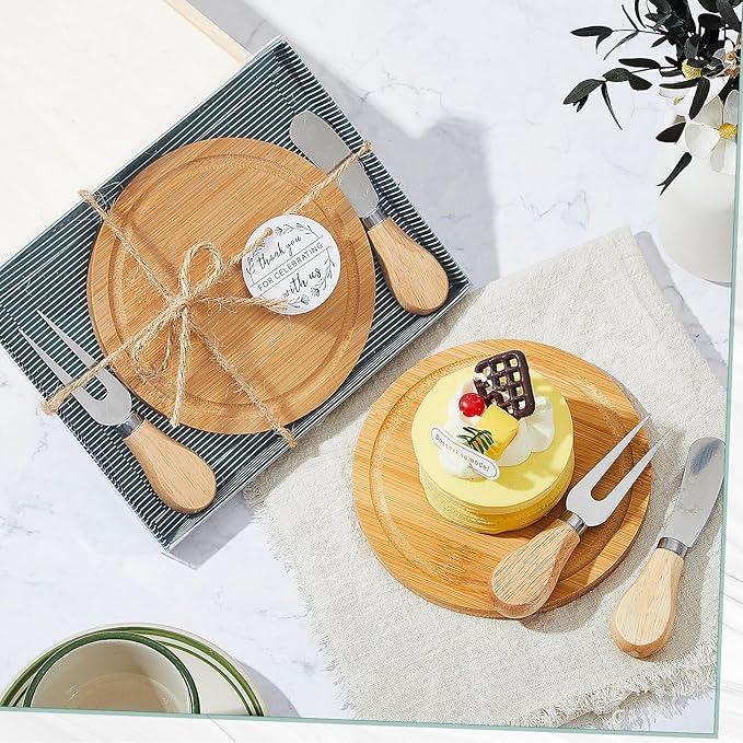 Maxcheck 18 Sets Baby Shower Bridal Game Prizes for Winners Round Cheese Board Set Wood Mini Charcuterie Board with Knives and Forks Thank You Card with Gift Box for Guests Wedding (Bamboo)
