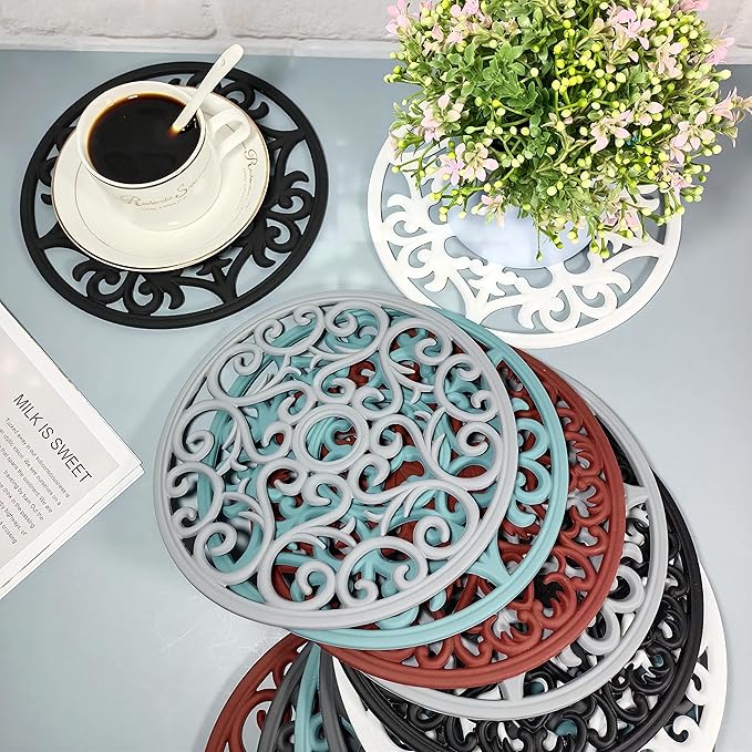 Silicone Trivets for Hot Dishes, Trivets for Hot Pots and Pans, Silicone Trivet Large for Kitchen Countertop, Non-Slip Heat Resistant Modern Pads for Kitchen Table, Round 6 Grey
