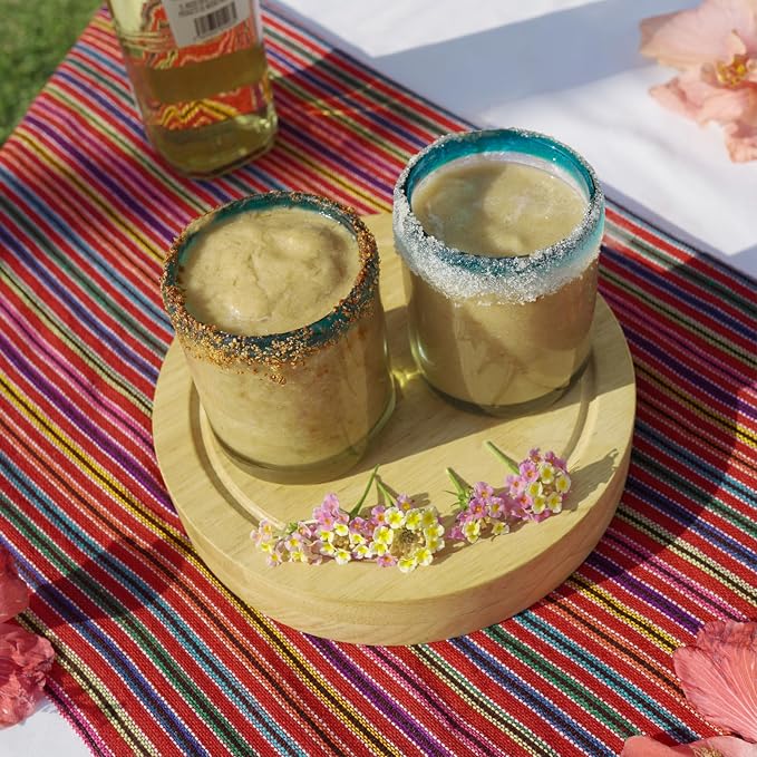 Aqua Blue Rim Hand Blown Tumbler Glasses Set of 6 | 10 oz Mexican Glassware | Recycled Glass | Hand Blown Mexican Drinking Glasses for Cocktails, Wine & Tequila