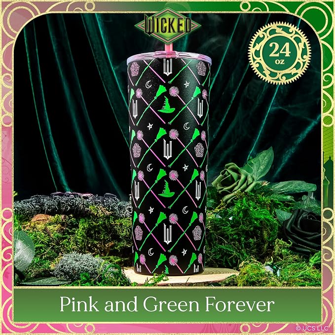 Dragon Glassware x Wicked Vacuum Insulated Tumbler with Lid and Straw - 24 oz Tumbler Cup with 2 Straws - Stainless Steel Tumbler with Straw for Water, Iced Tea - Wicked Movie Green Tumbler with Straw