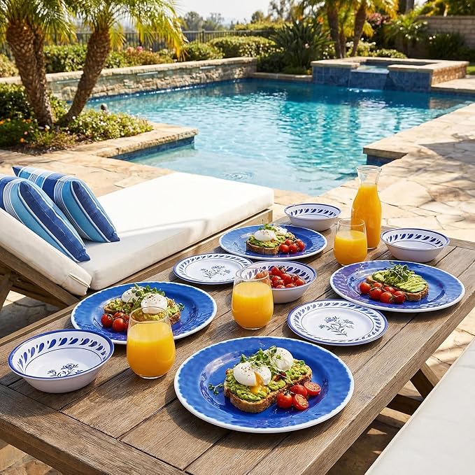 Blue Melamine Dinnerware Sets,12-Piece Plates and Bowls Set for 4,Coastal Farmhouse Style Dish Sets,Chip Resistant & Dishwasher Safe,Dark Indigo Vintage Pattern for Outdoor Patio Everyday Use