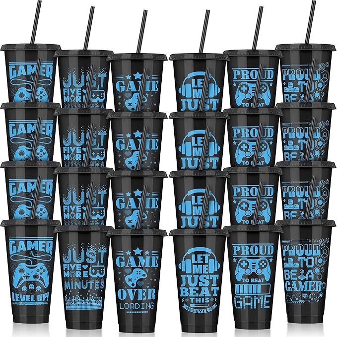 Kochorie 24 Pieces Video Game Plastic Cups 24 Ounces Gaming Party Cups with Lids and Straws Black Blue Video Game Tumbler Cups for Birthday Party Video Game Party Supplies Tableware