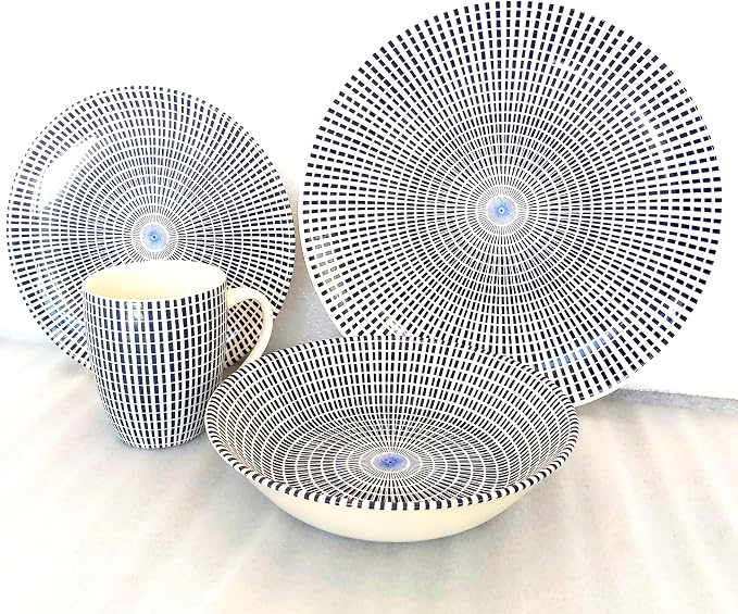 Tudor Royal Collection 24-Piece Round Dinnerware Set, Service for 6, Singapore Design, Blue Spiral, Plates Bowls Mugs Dishes, High-Gloss Premium Quality