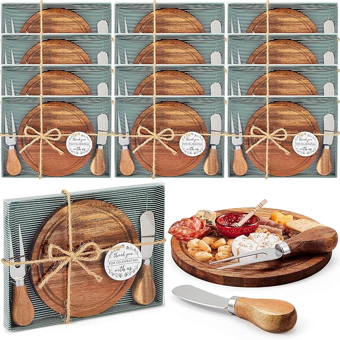 Maxcheck 12 Sets Baby Shower Bridal Game Prizes for Winners Round Cheese Board Set Wood Mini Charcuterie Board with Knives and Forks Thank You Card with Gift Box for Guests Wedding (Acacia)
