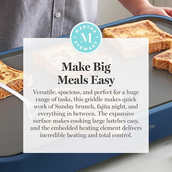 Martha Stewart 12” x 22” Electric Griddle, XL Ceramic Nonstick Flat Top Cooking Surface, Adjustable Temperature Dial, Drip Tray, Dishwasher Safe, 1500W Fast Even Heating, Pancakes & Eggs, Indigo Blue