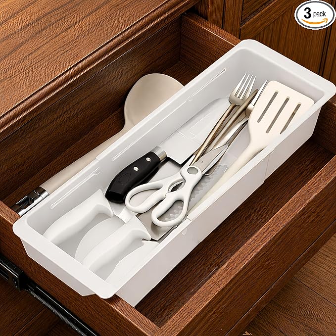 3-Pack Expandable Drawer Organizer for Deep Drawers, Adjustable Storage Tray (17–27 in), Durable PP Smooth Glide Divider for Kitchen, Vanity & Office, Space-Saving Design