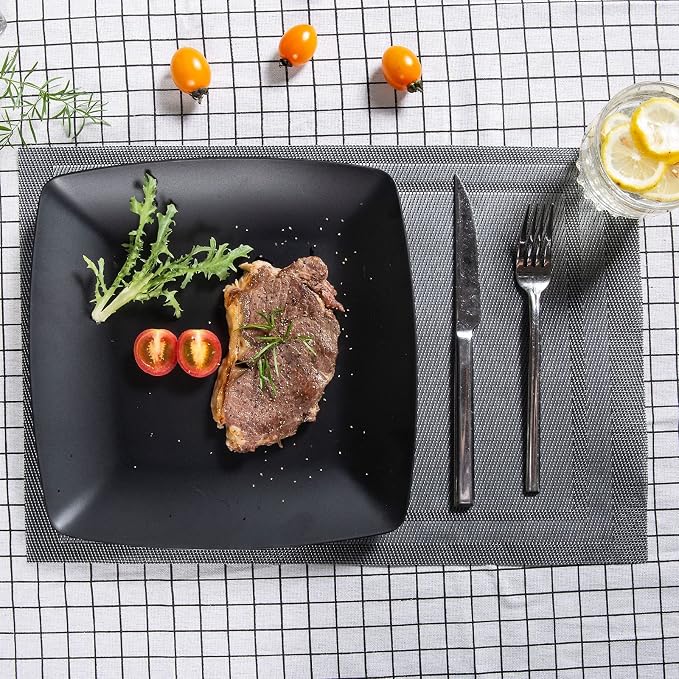 Melamine 12pcs Classic Square Dinnerware Set, Concise Plates and Bowls Set, Service for 4, Dishwasher Safe Black