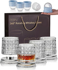 CEEFU Old Fashioned Whiskey Glasses with 360° Rotating Base, Set of 4 (4 Crystal Glasses Set, 4 Big Ice Ball Molds) In Gift Box - Bourbon, Cocktail, Rocks, Bday Gifts Ideas for Men, Gem Pattern