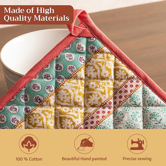 Maison d' Hermine Pot Holders 100% Cotton Heat Resistant Potholders 8" x 8" Hot Pads with Loop BBQ Cooking Baking Gifts for Mothers Day Handling Hot Pans Spring/Summer (Pack of 2, Provence)