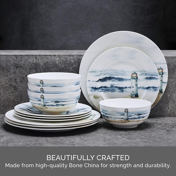Mikasa Seaside Coastal Bone China Lightweight Chip Resistant 12 Piece Dinnerware Set, Service for 4