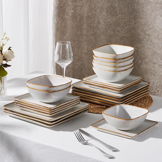 E-far Square Dinnerware Sets for 8, 24-Piece Stoneware Plates and Bowls Dishes Set, Reactive Glaze Porcelain Dishware Sets, Chip & Scratch Resistant, Microwave & Dishwasher Safe, Seashell White
