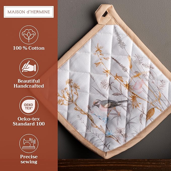Maison d' Hermine Pot Holders 100% Cotton Heat Resistant Potholders 8" x 8" Hot Pads with Loop BBQ Baking Gifts for Mothers Day Handling Hot Pans Spring/Summer (Pack of 1, Meadow Florals - Beige)