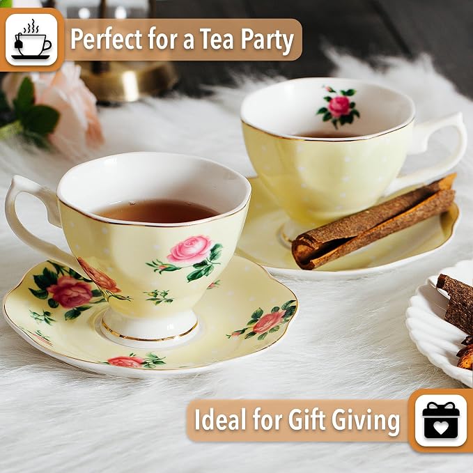 BTaT- Floral Tea Cups and Saucers, Set of 2, 8 oz, Fine Porcelain Teacup Set with Gold Trim for Afternoon Tea, Weddings, Parties & Gifting, Dishwasher Safe, Lightweight, Non-Toxic