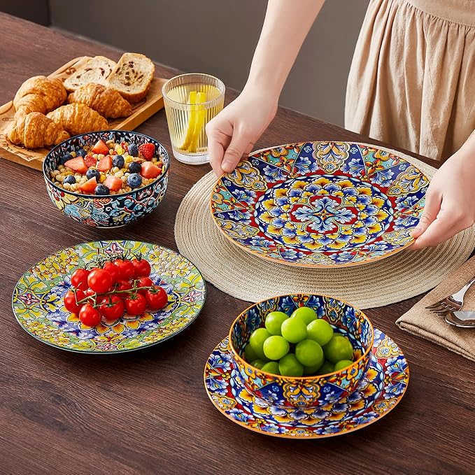 vancasso 18 Pieces Dinnerware Sets, Plates and Bowls Set, Porcelain Dishes Set for 6, Microwave and Dishwasher Safe, Scratch Resistant, Bohemian Style Dining Ware Service for 6, Series SIMI