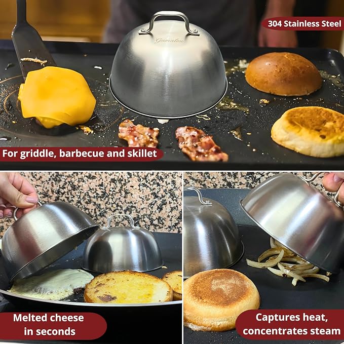 Gamalou® 7 Pcs Smash Burger Press Kit: Stainless Steel Burger Smasher, 6x5" Spatula, 4" Scraper, 2 Melting Domes, Seasoning Shaker, Egg Ring, Griddle Accessories for Blackstone, Grill, Frying Pan