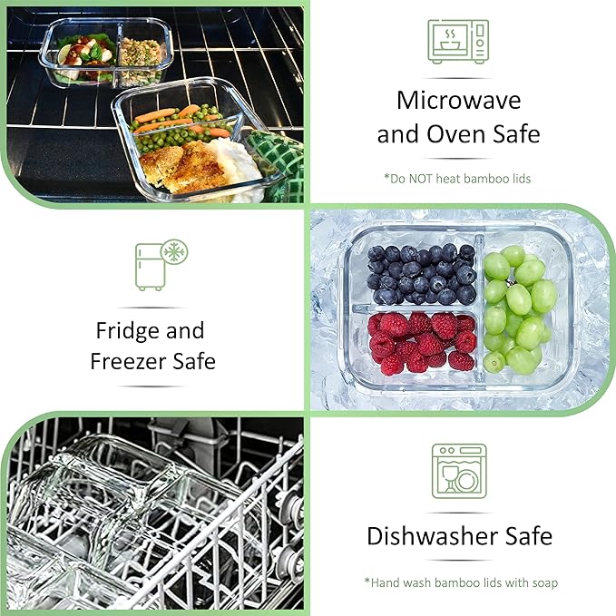 EcoPreps Large Glass Bento Box Containers with Bamboo Lids, 3 Compartment Glass Meal Prep Container Set (2 Pack, XL) - 100% Plastic Free, Eco-Friendly Lunch Containers, Bento Boxes for Adults