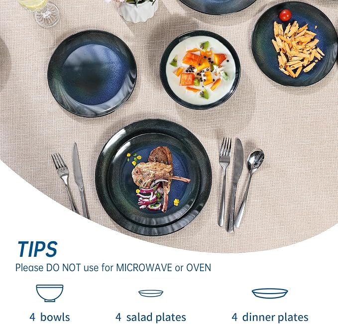 Melamine Dinnerware Set, 12pcs Plates and Bowls Set, Blue Dinner Dishes Set for Indoor and Outdoor, BPA-Free, Dishwasher Safe（Blue Cosmic）