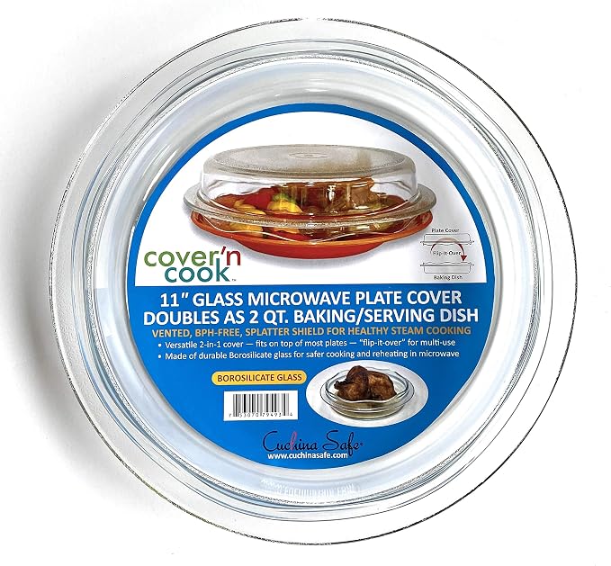 Cuchina Safe 2-in-1 Cover ‘n Cook Vented Glass Microwave Plate Cover and Baking Dish; Easy to Grip for Baking and Serving