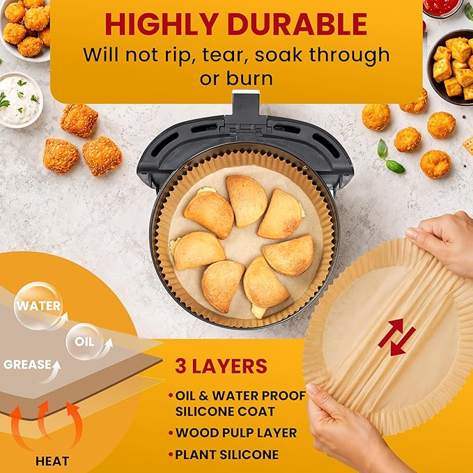 Air Fryer Liners for Ninja, 125 Pcs Round Disposable Airfryer Paper Liners – Non-Stick and Oil Proof for Easy Cleanup, Great for Oven, Pans & Baking – 8 Inch for 5-8 qt Basket by Baker's Signature