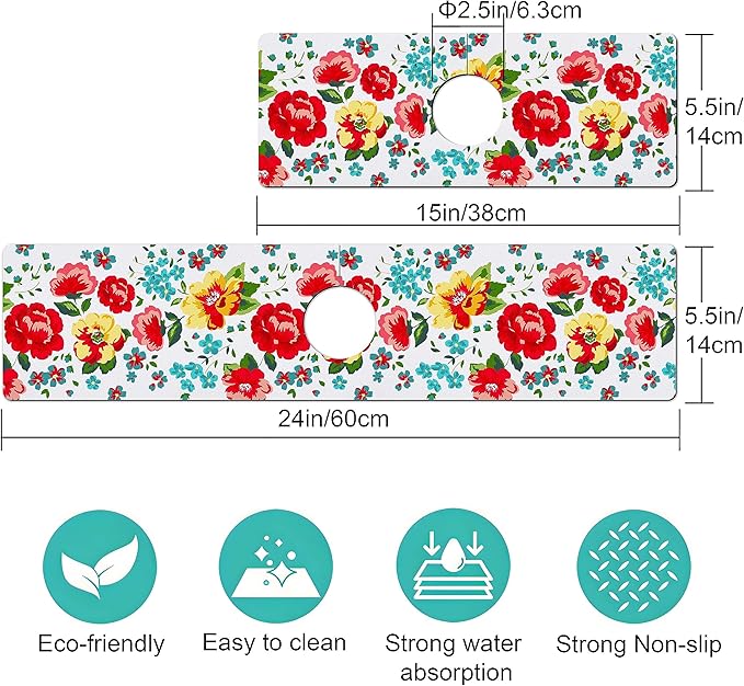 Kitchen Sink Splash Guard Faucet Mat -2 PC Super Absorbent Fast Drying Mat Sink Gadgets-Splash Guard Behind Faucet Drip Catcher for Kitchen, Bathroom,Sink Mat, Dish Drying Mat, Bathroom(15" X 5.5" )