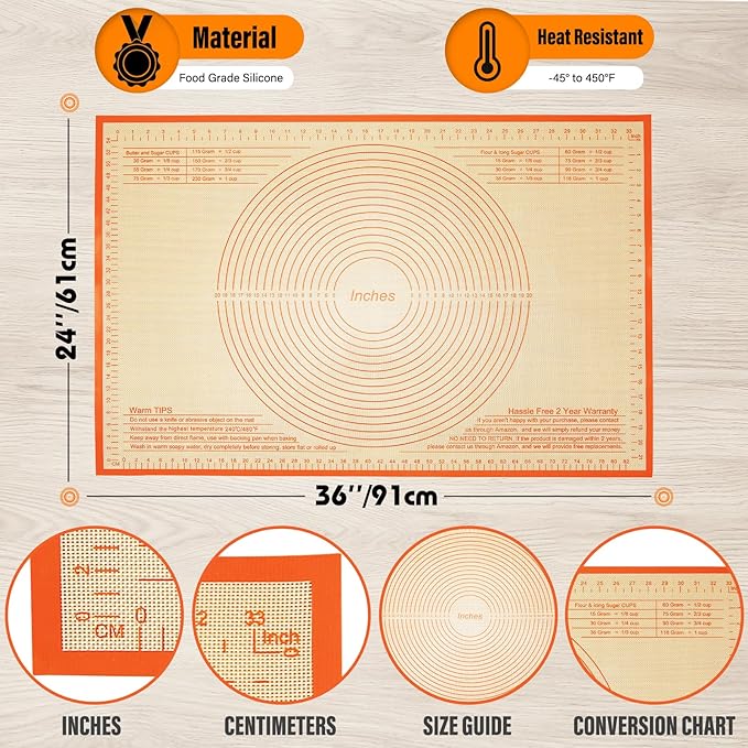 Silicone Pastry Mat 36x24 Inch Nonstick Baking Mat -Perfect for Doug, Pastry, Dough Rolling, Kneading Board, Pie Crust, Fondant, Bread, Pasta/Pizza, Kitchen Counter Mat