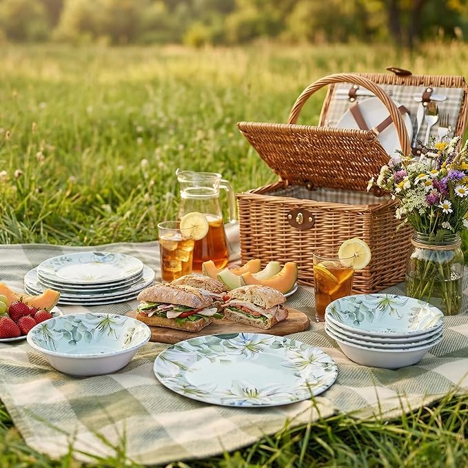 12-Piece Melamine Dinnerware Set, Green & White | Shatterproof Plates and Bowls, Elegant Lily Pattern, Everyday Dining, Outdoor Picnics and RV Camping