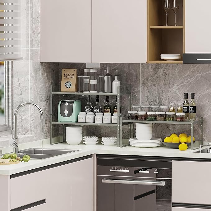 Jojocross Expandable Stackable Spice Rack Cabinet Shelf Organizer in Cabinets Shelves Kitchen Cupboard Organization Stack up Racks Pantry Countertop Storage (Gray, Medium 2 Packs)
