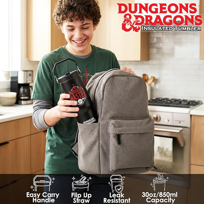 Get Trend Dungeons & Dragons 30oz Tumbler with Handle and Straw, Stainless Steel Insulated Water Bottle,BPA-Free,Leak-Proof, Cold for 12h, Hot 5h, Gifts for Men, Teens(Black/Red D&D)