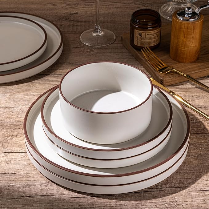 LERATIO Ceramic Dinnerware Sets for 4, High Edge Stoneware Plates and Bowls Set, Chip and Crack Resistant | Oven & Dishwasher & Microwave Safe Dishes Set, Service for 4 -Vanilla White