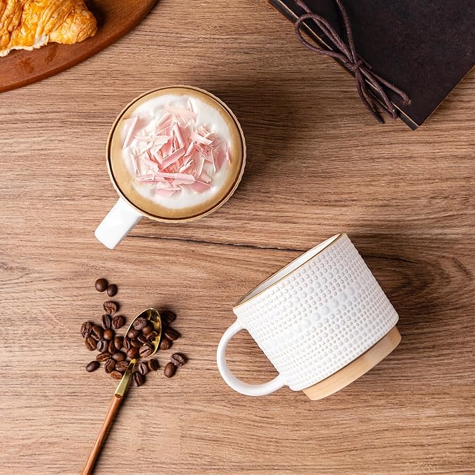 GBhome 16OZ Stackable Coffee Mugs, Ceramic Coffee Mugs with Texture Patterns for Man,Woman,Dad,Mom, Modern Coffee Mugs Set of 4 for Latte/Cappuccino/Cocoa. Dishwasher&Microwave Safe