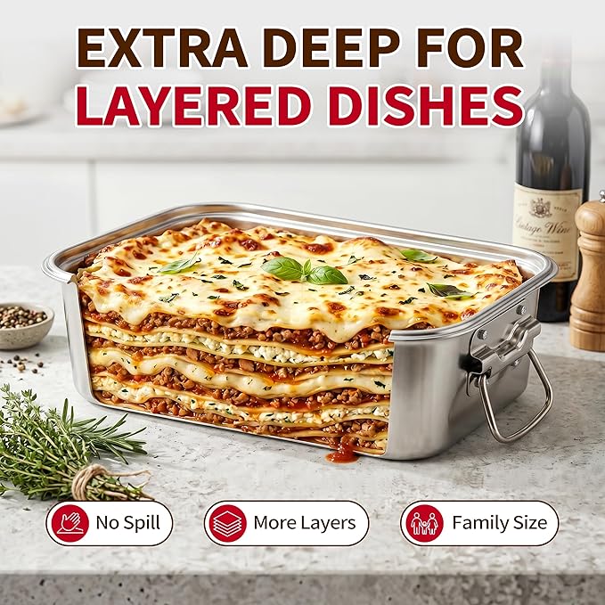 Extra Deep Stainless Steel Lasagna Pan with Loop Handles & Lid, 14 x 9.9 x 4 Inch, 6.3 QT Large Casserole Baking Dish, Oven Safe Heavy Duty Baking & Roasting Pan for Meal Prep & Storage