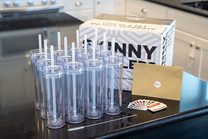 STRATA CUPS 12 Clear Skinny Tumblers with Lids and Straws | 16oz Reusable Cup Double-Wall Clear Tumbler with Lid and Straw, Durable Acrylic Tumblers With FREE Straw Cleaner & Name Tags