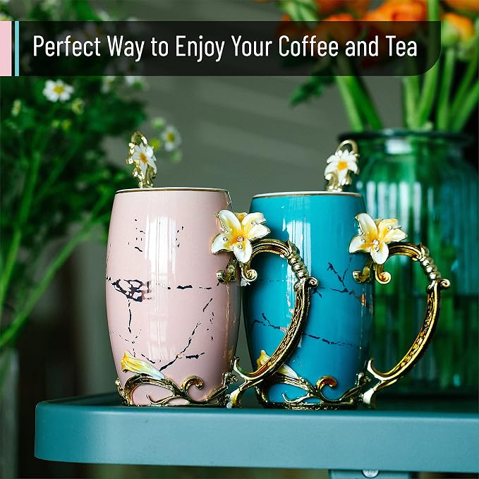 BTaT- Floral Ceramic Mugs with Spoon, Set of 2, Pink and Blue, Fancy Coffee Mugs with Spoon
