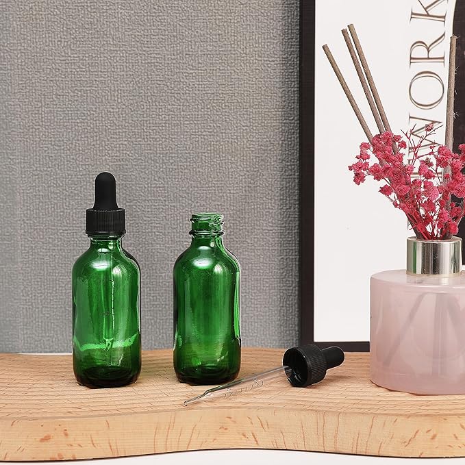 NOOEEISS 2oz Glass Dropper Bottle,Preety Texture Tincture Bottles with Precise Scales Eye Droppe,for All Kinds Of Mixed Liquids,Leak-Proof Design for Easy Travel (Green-48Pack)