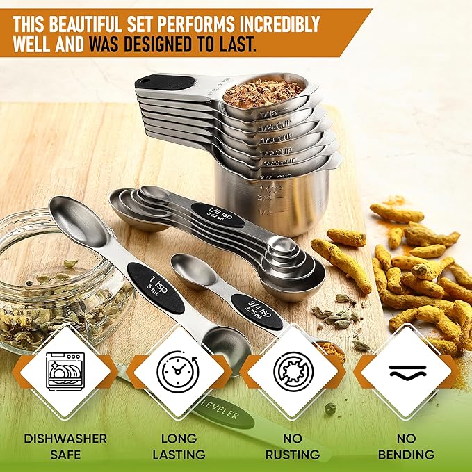 Spring Chef Magnetic Measuring Cups & Spoons Set of 15 with Leveler, Black & Stainless Steel Large Box Grater with Handle - 2 Product Bundle