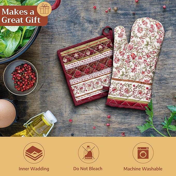 Maison d' Hermine Pot Holders 100% Cotton Heat Resistant Potholders 8" x 8" Hot Pads with Loop for Thanksgiving Christmas Decorations BBQ Cooking Handling Hot Pans (Pack of 1, Reveillon Au Jardin)