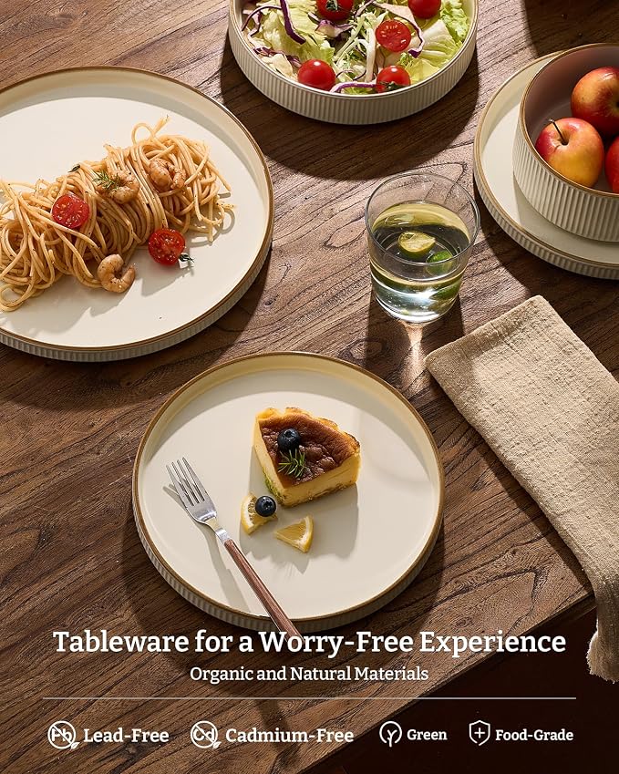 Famiware Star 24-Piece Stoneware Dinnerware Set with Trim, Service for 6 - Shallow Pasta Bowls & Flat Plates, Dishes for Everyday & Formal Use, Chip/Scratch Resistant, Microwave/Dishwasher Safe, Cream