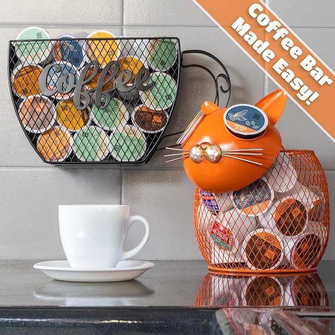 Made Easy Kit Cat Coffee Pod Holder Basket – Metal K-Cup Organizer for Countertop Coffee Bar – Cute Kitchen Décor Storage for Keurig Pods, Creamers & Capsules (Cat, Orange)
