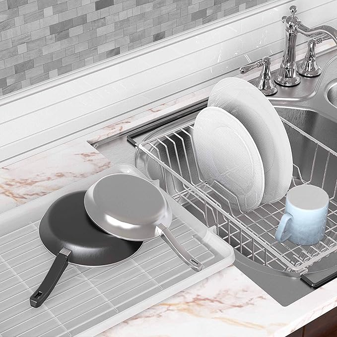 Simple Houseware 2-Tier Dish Rack with Drainboard + Over Sink Counter Top Dish Drainer Drying Rack, Chrome