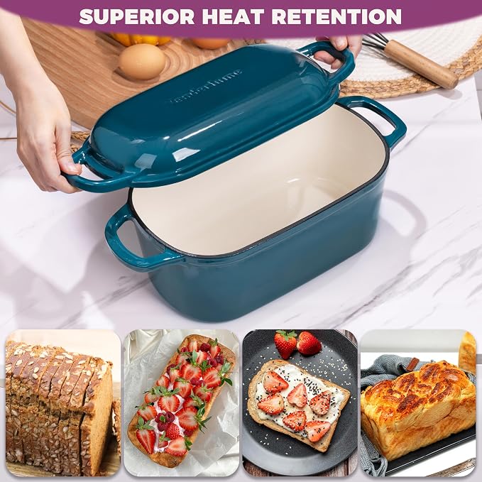 4.6-Quart Oval Dutch Oven for Bread Baking, 2 in 1 Enameled Cast Iron Bread Pan with Lid, Sourdough Baking Pan for a Crispy Crust, Teal