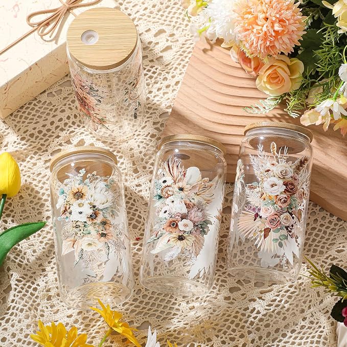 Mumufy 4 Pack Wildflower Glass Cups Gift Aesthetic Cute Glass Cup Tumbler Flower Iced Coffee Mugs 16 oz with Bamboo Lid & Straw, for Wedding Birthday Bridesmaid Mom Baby Shower
