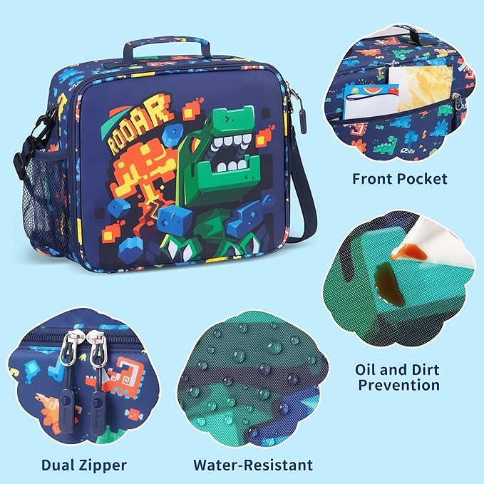 rockpapa Kids Lunch Box Set with 14oz Insulated Water Bottle & Lunch Bag, Leakproof 5.5 Cups Bento Box for School & Children, BPA-Free, Microwave Safe for Boys Girls (Blue Dinosaur)