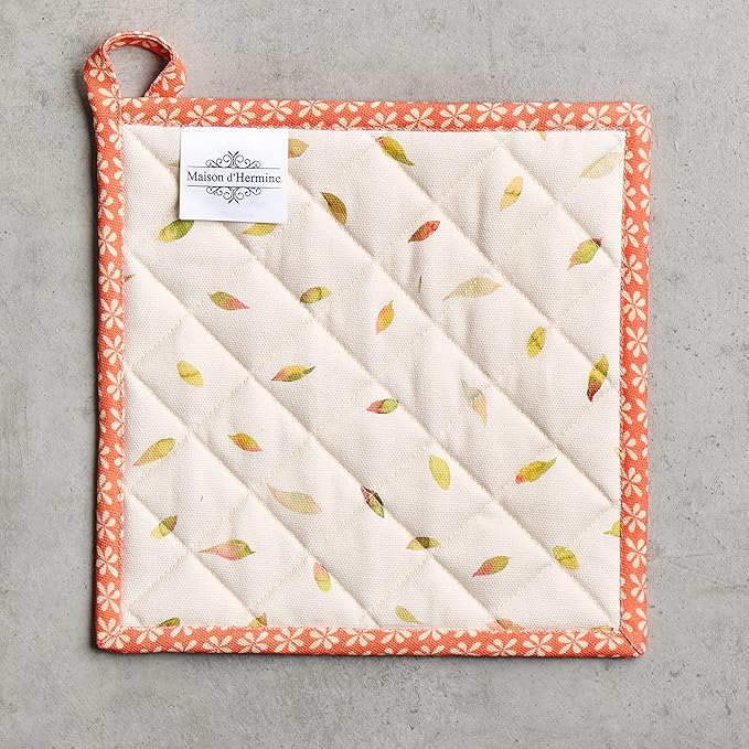 Maison d' Hermine Pot Holders Set 100% Cotton Heat Resistant Potholders 8" x 8" Hot Pads with Loop for Thanksgiving Christmas Decorations BBQ Baking Handling Hot Pans (Pack of 2, Pumpkin Passion)