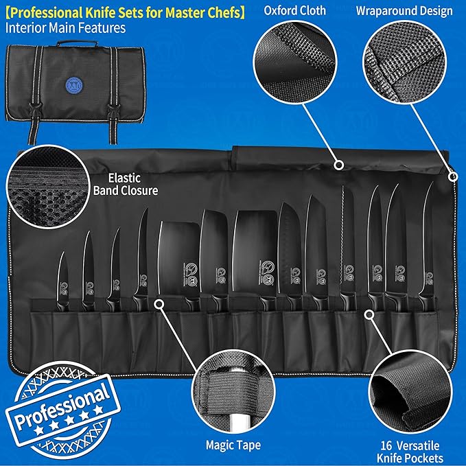 XYJ Knives,Professional Knife Sets for Master Chefs,Meat Cleaver Butcher for Camping,Chef Knife Set with Bag (Full Black)