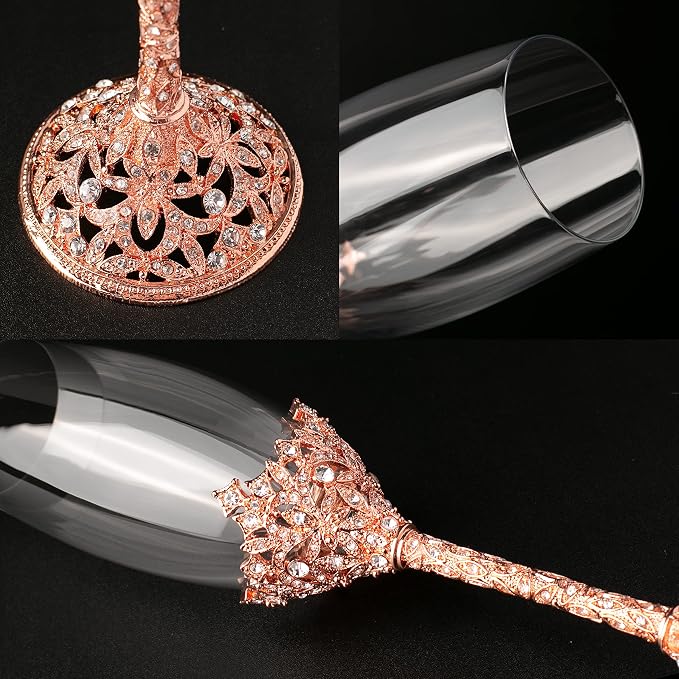 Champagne Flutes - Crystal Glass Metal Base With Crystal Stones, Set of 2 Toasting Flute Pair, Wedding Anniversary Party Birthday Banquets and Gifts for Bride and Groom (Rose Gold)