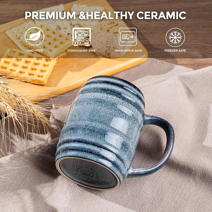 GBhome 20oz Large Coffee Mugs Set of 4, Handmade Ceramic Coffee Mugs Set for Latte/Tea/Beer/Hot Cocoa, Dishwasher & Microwave Safe- Blue Horizon